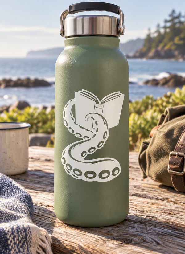 Tentacle holding book vinyl decal on light green water bottle