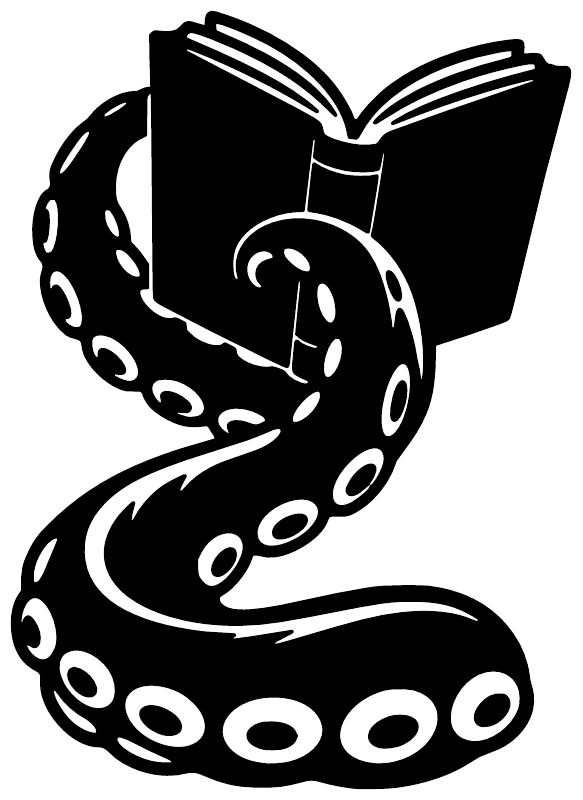 Black tentacle holding an open book vinyl decal graphic with dotted details