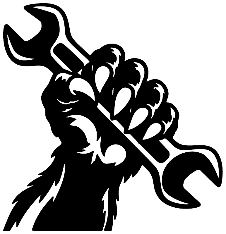 Monster hand wrench vinyl decal silhouette: black monster holding a wrench.