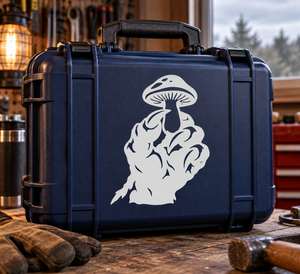 Vinyl decal of a claw holding a mushroom, white graphic on dark surface