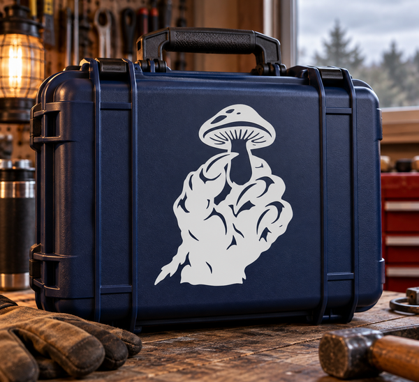 Vinyl decal of a claw holding a mushroom, white graphic on dark surface
