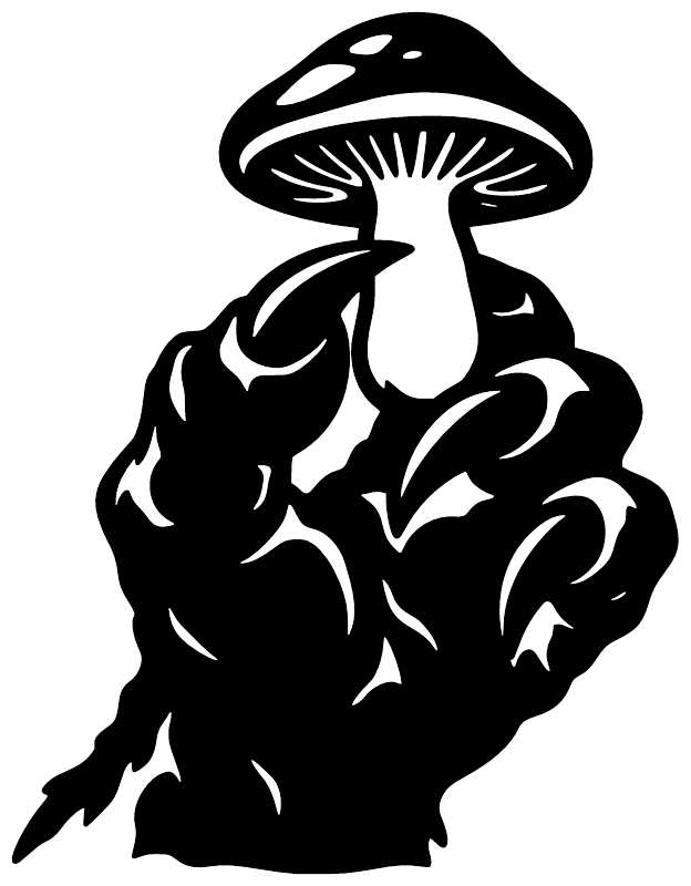 Black vinyl decal silhouette: claw holding a mushroom with stem and gills