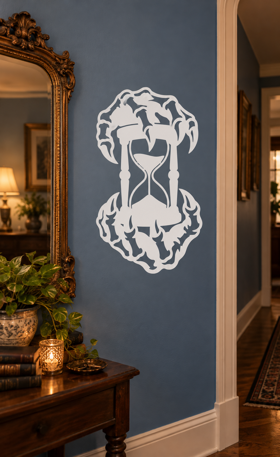 White bone hand and hourglass vinyl decal with flame-like border