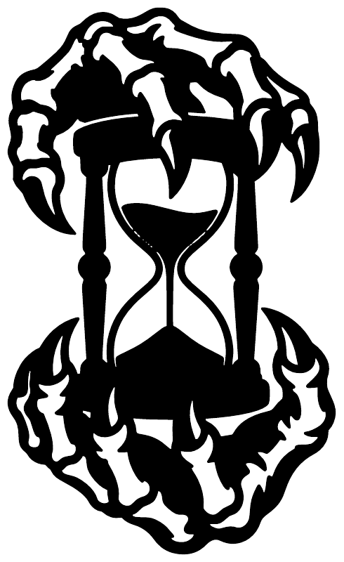 Black and white bone hand hourglass vinyl decal, flame border