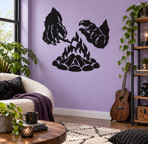 Monster campfire vinyl decal with roaring monster hands and burning fire pit