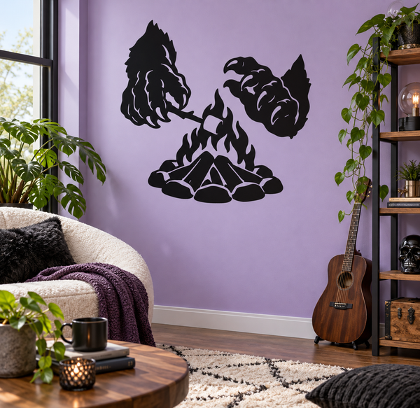 Monster campfire vinyl decal with roaring monster hands and burning fire pit