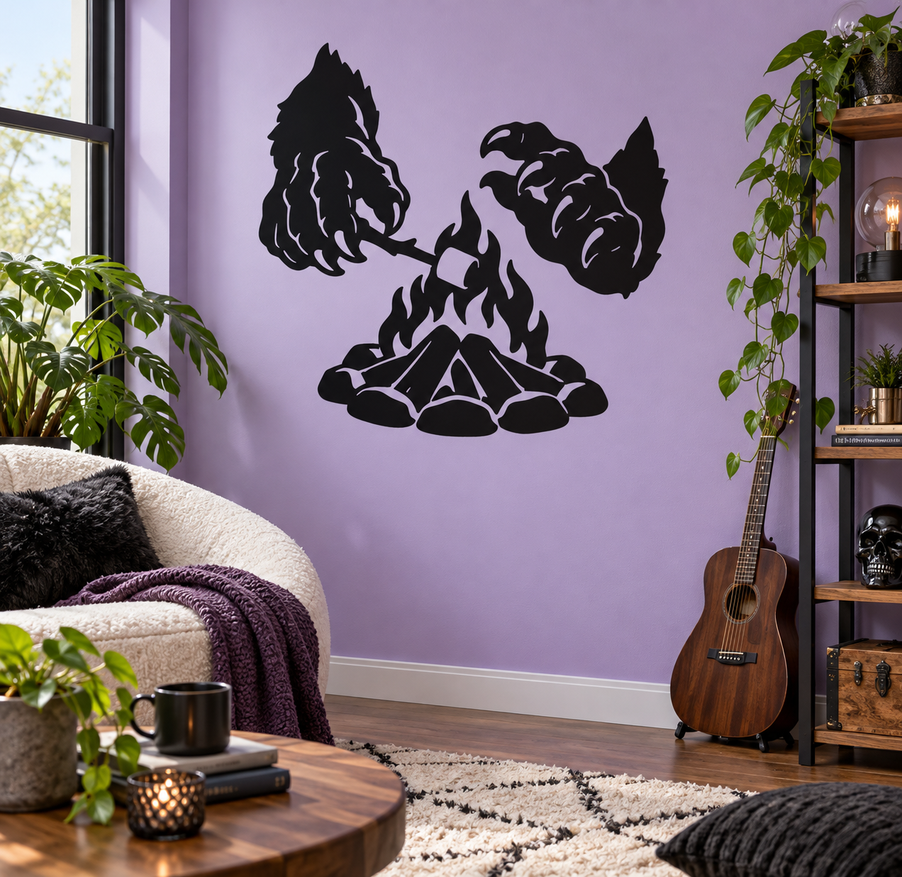 Monster campfire vinyl decal with roaring monster hands and burning fire pit