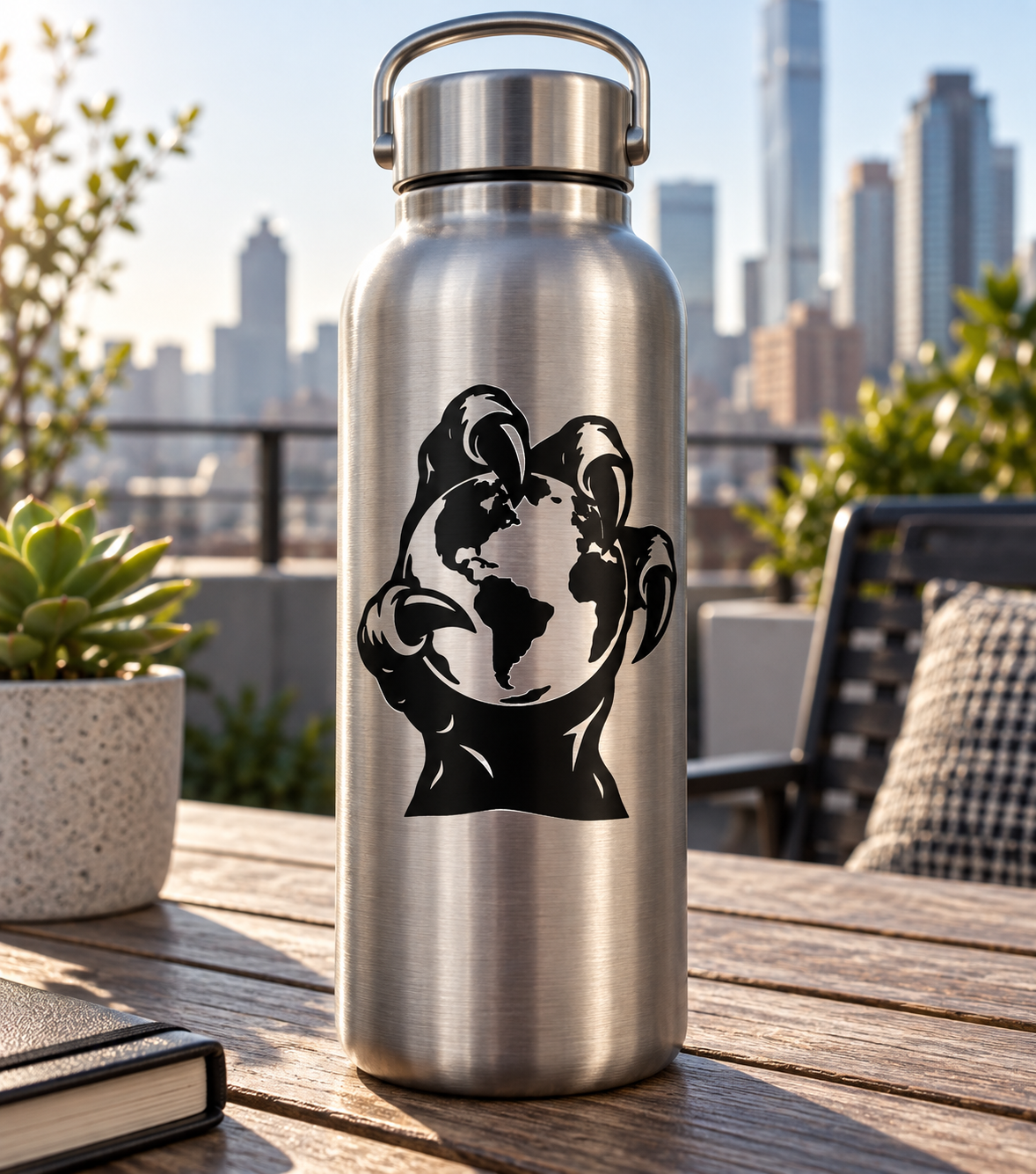 Black vinyl decal of a claw holding a planet, shown on a bottle