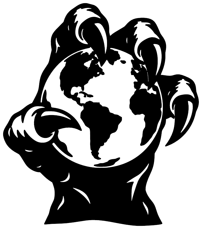 Black vinyl decal of a claw holding a planet design