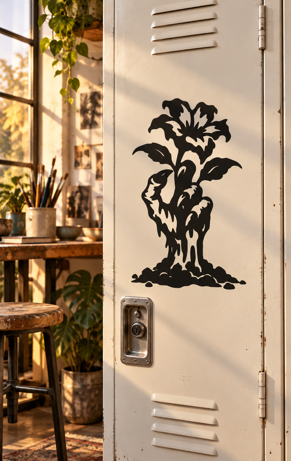 Black zombie hand flower vinyl decal on door panel