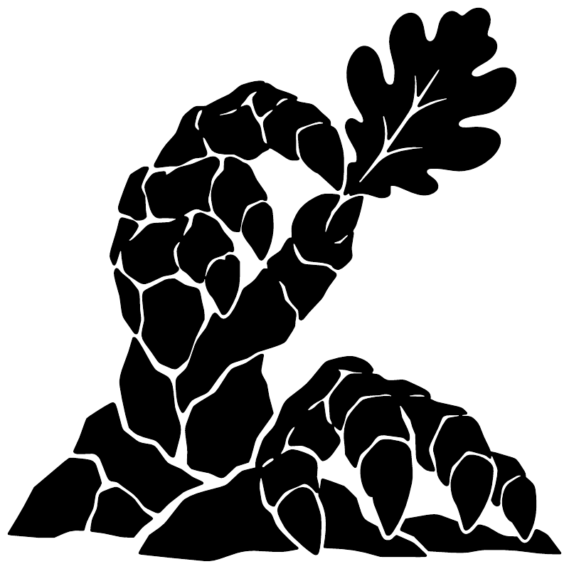 Black stone hand and oak leaf vinyl decal with cracked stone texture.