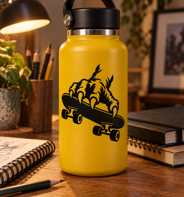 Black monster-hand skateboard vinyl decal on yellow bottle