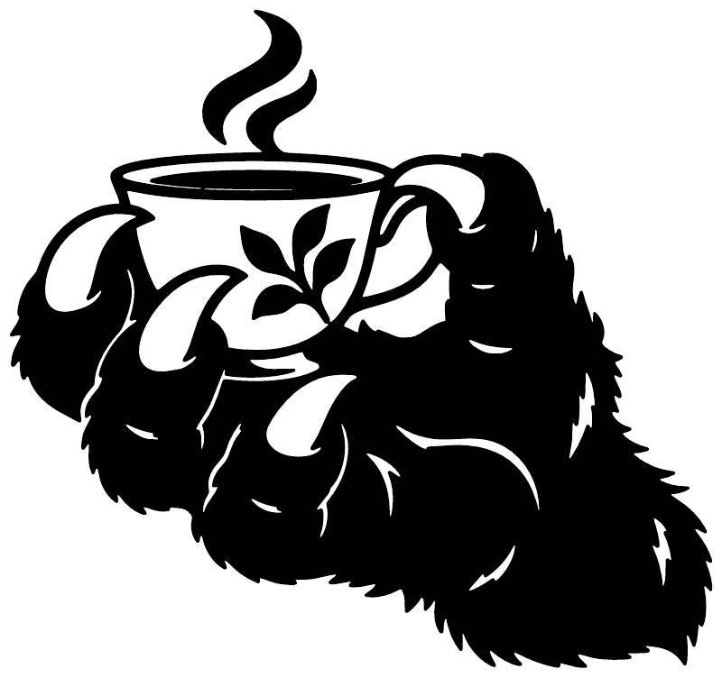 Black-and-white vinyl decal of a furry hand cradling a steaming teacup