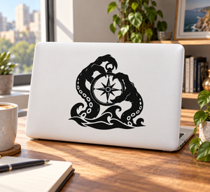 Black tentacle compass vinyl decal with compass rose and wave tentacles