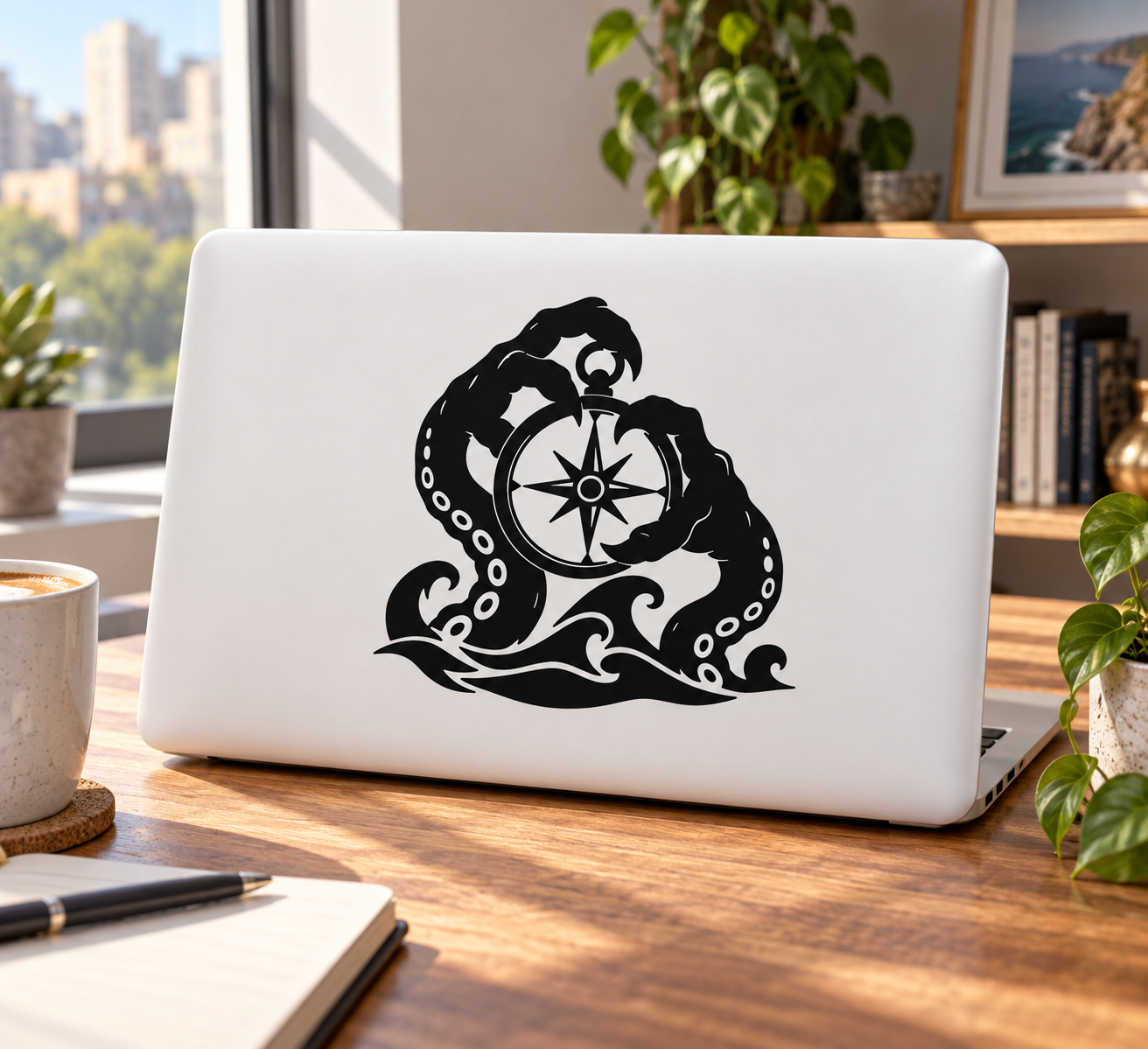 Black tentacle compass vinyl decal with compass rose and wave tentacles