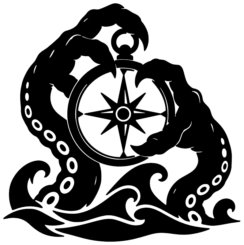 Black tentacle compass vinyl decal close-up with compass rose in octopus waves