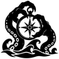 Black tentacle compass vinyl decal close-up with compass rose in octopus waves