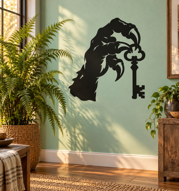 Vinyl decal of a black claw holding a key, bold silhouette