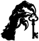 Vinyl decal close-up: black claw gripping a vintage key, high-contrast