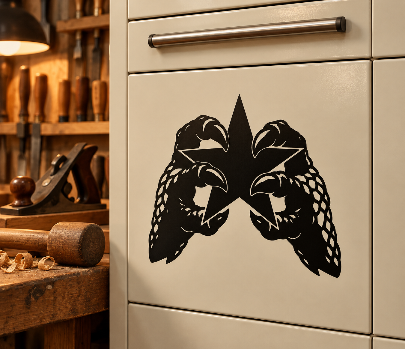 Black scaled-hand star vinyl decal on light cabinet drawer front