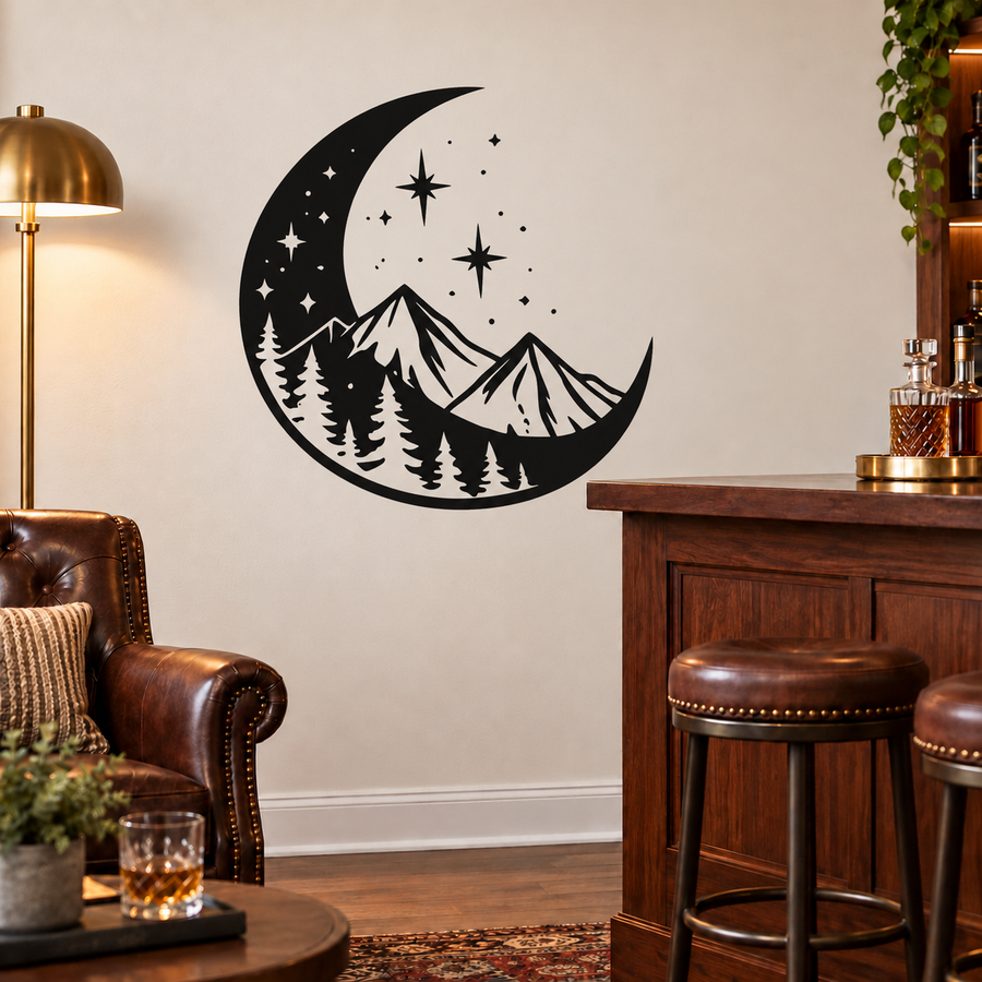 Black crescent moon vinyl decal with mountains, pine trees, and star sparkles