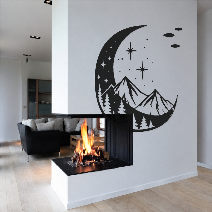 Wall crescent moon decal with starry sky and pine trees silhouette