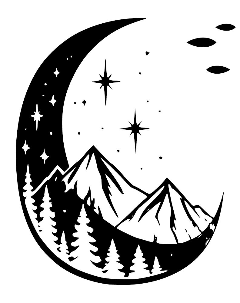 Crescent moon wall decal with mountains, pine trees, and star sparkles