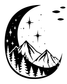 Crescent moon wall decal with mountains, pine trees, and star sparkles