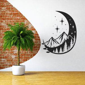 Black crescent moon wall decal with stars, mountains, and pine tree silhouettes