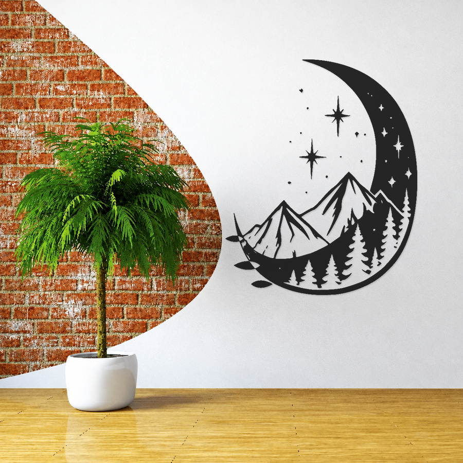 Black crescent moon wall decal with stars, mountains, and pine tree silhouettes