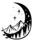 Black crescent moon wall decal with stars, mountains, and pine tree outlines