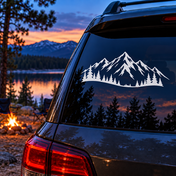 Vinyl decal showing snowy mountain range with pine forest, panoramic treeline design