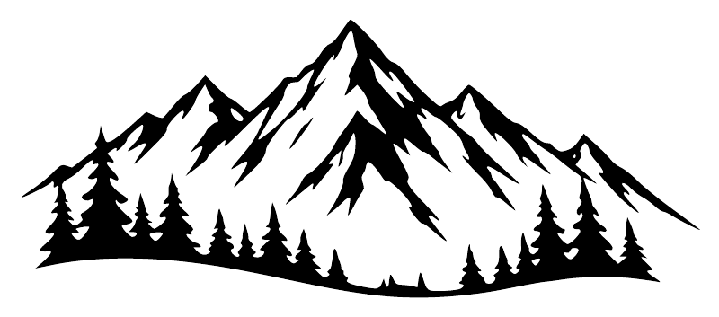 White vinyl decal of snowy peaks and pine forest, panoramic mountain silhouette