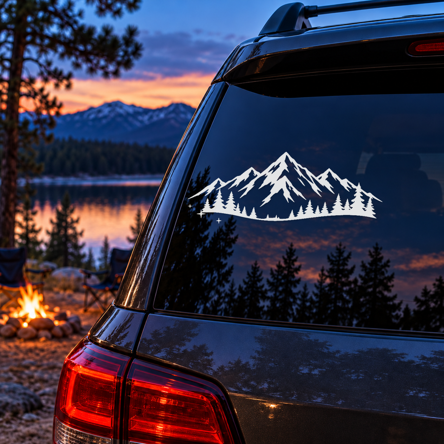Snowy mountain and pine forest car decal sticker on rear window, black and white
