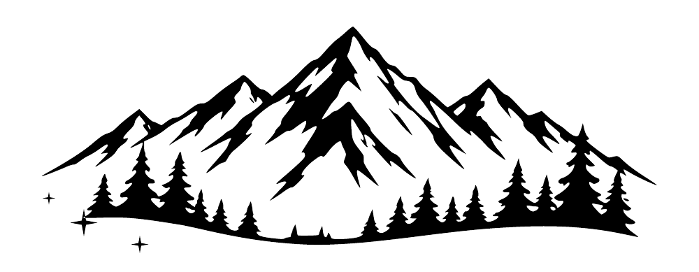 Black-and-white mountain and pine forest decal graphic with star accents