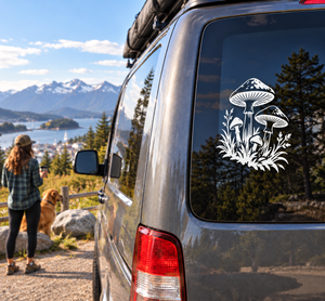 Mushroom cluster decal for car window, white graphic with several mushrooms and plants