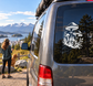 Mushroom cluster decal for car window, white graphic with several mushrooms and plants