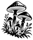 Mushroom cluster decal, bold black-and-white graphic with three mushrooms and foliage