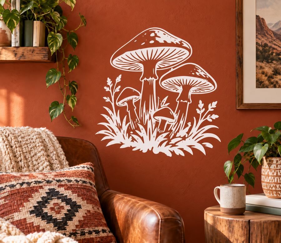 Botanical mushroom grove outline decal with three mushrooms and leafy sprigs, white line art