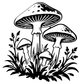 Mushroom grove outline decal in black line art with three mushrooms and leafy grasses