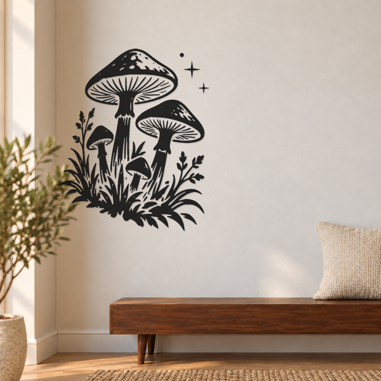 Woodland mushroom wall decal with black cluster and star sparkles, botanical accents