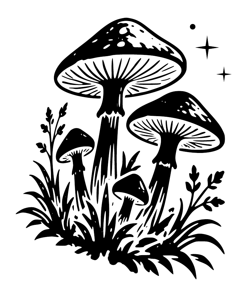 Woodland mushroom wall decal in bold black with three caps and grasslike plants