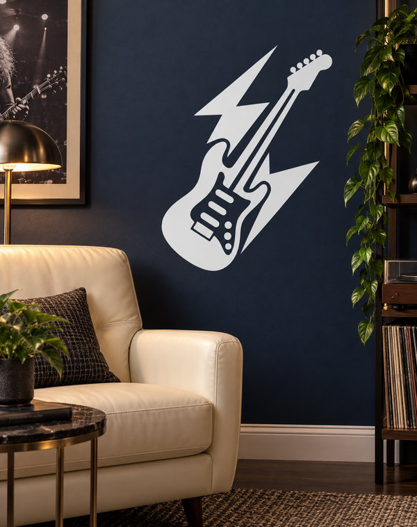 White electric guitar with lightning bolt vinyl wall decal