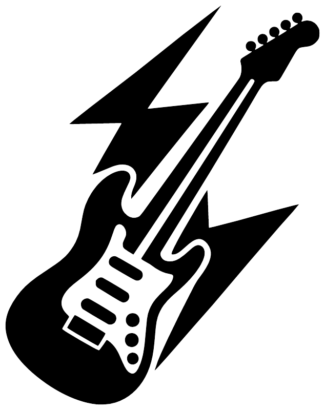 Black-and-white electric guitar with lightning bolt vinyl decal close-up