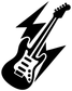 Black-and-white electric guitar with lightning bolt vinyl decal close-up