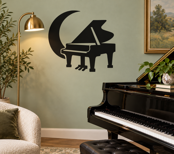 Black vinyl piano and crescent moon wall decal, piano silhouette with crescent