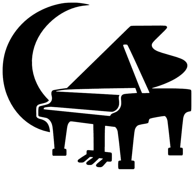 Black vinyl piano and crescent moon decal, close-up silhouette of grand piano
