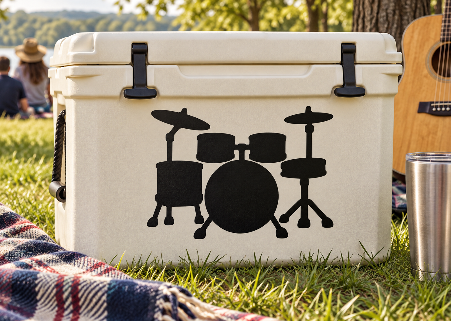 Vinyl drum kit silhouette decal on a white cooler