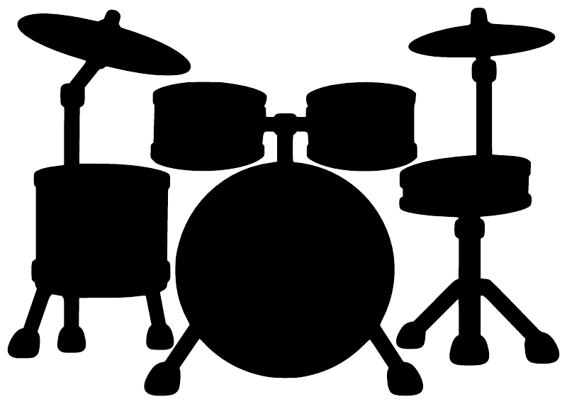 Bold vinyl decal of a drum kit silhouette with cymbals