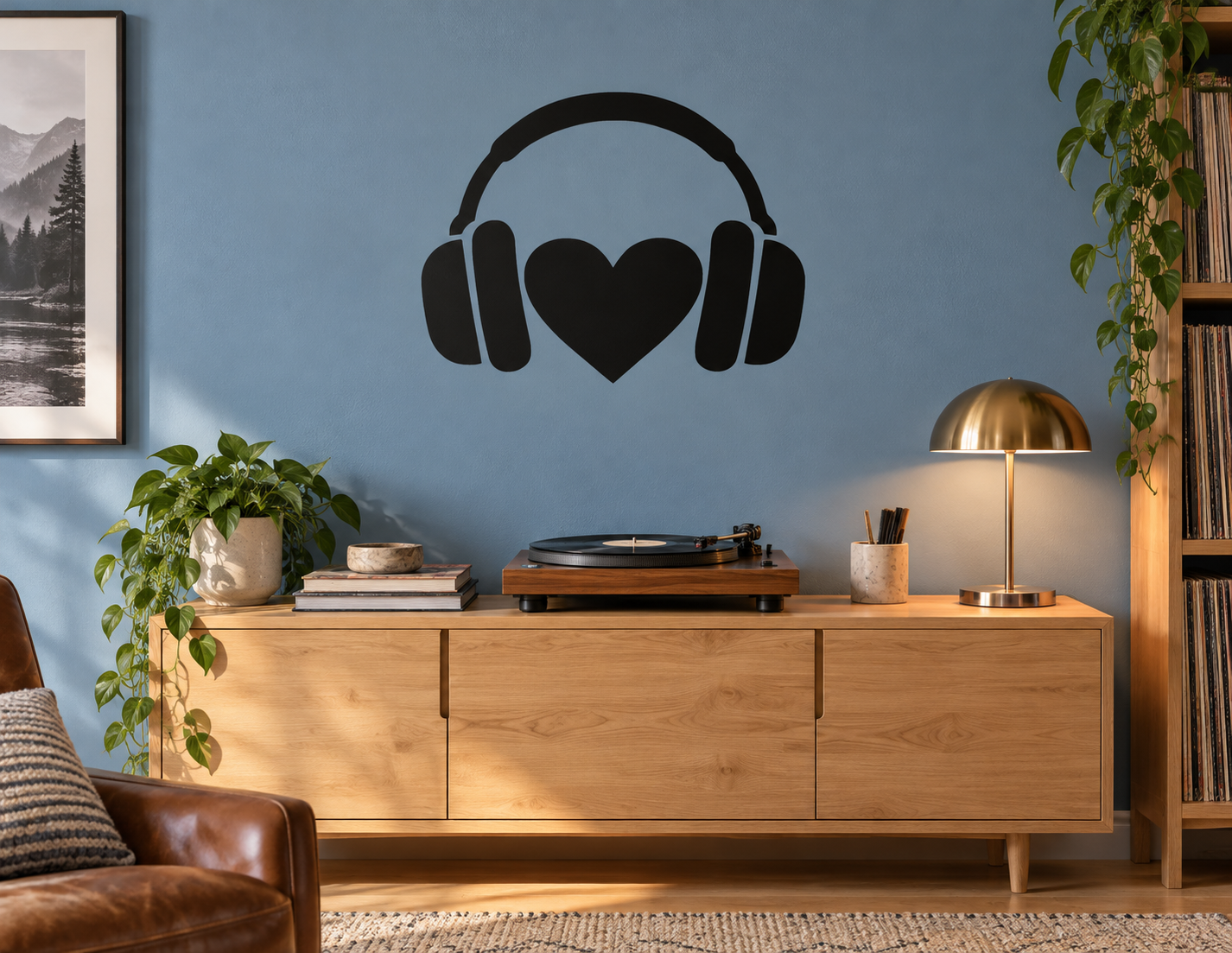 Black vinyl wall decal of over-ear headphones with a heart shape center